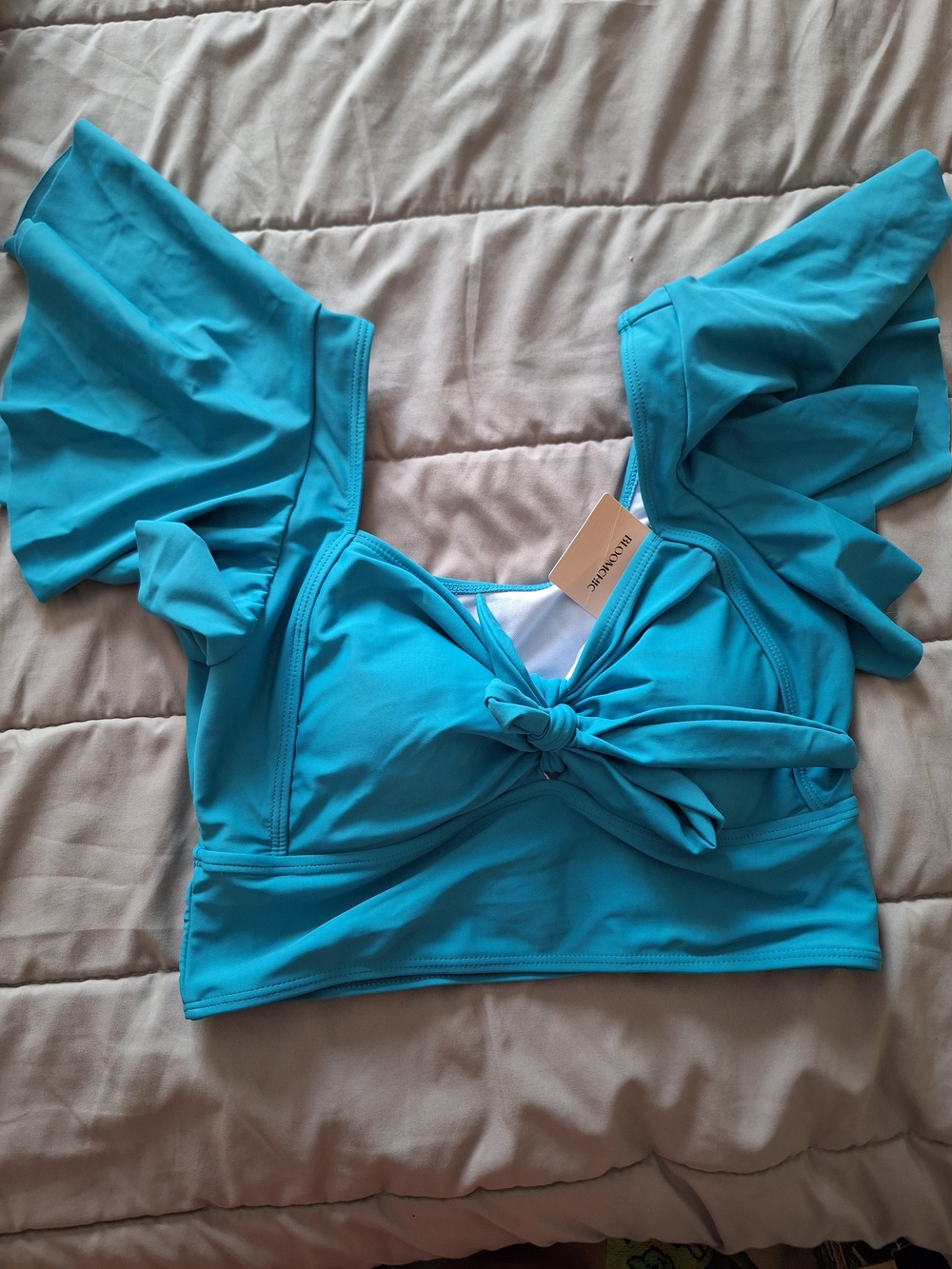 BloomChic Turquoise Tie-Front Ruffle Sleeve Crop Swim Top Size 10